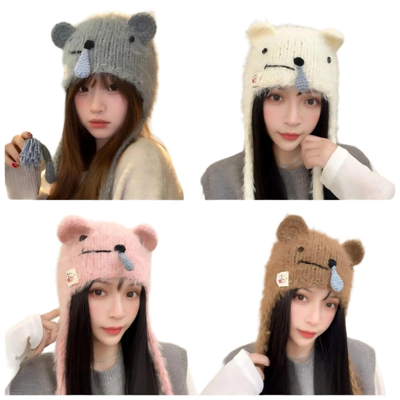 

Cute Snot Bear Wool Hat Autumn and Winter Ear Protection Cold and Warm Pullover Hat Cute Versatile Student Cold Hat
