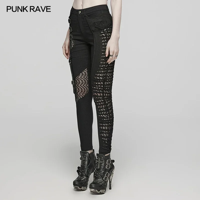 PUNK RAVE Women\'s Punk Recombined Asymmetric Pants Personality Irregular Slim Black Leggings Female Trousers Spring/Autumn