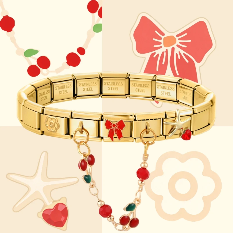 9MM Personalized Bow Cherry Starfish Heart Golden Italian Charm Elastic Stainless Steel Bracelet For Birthday DIY Jewelry Gifts