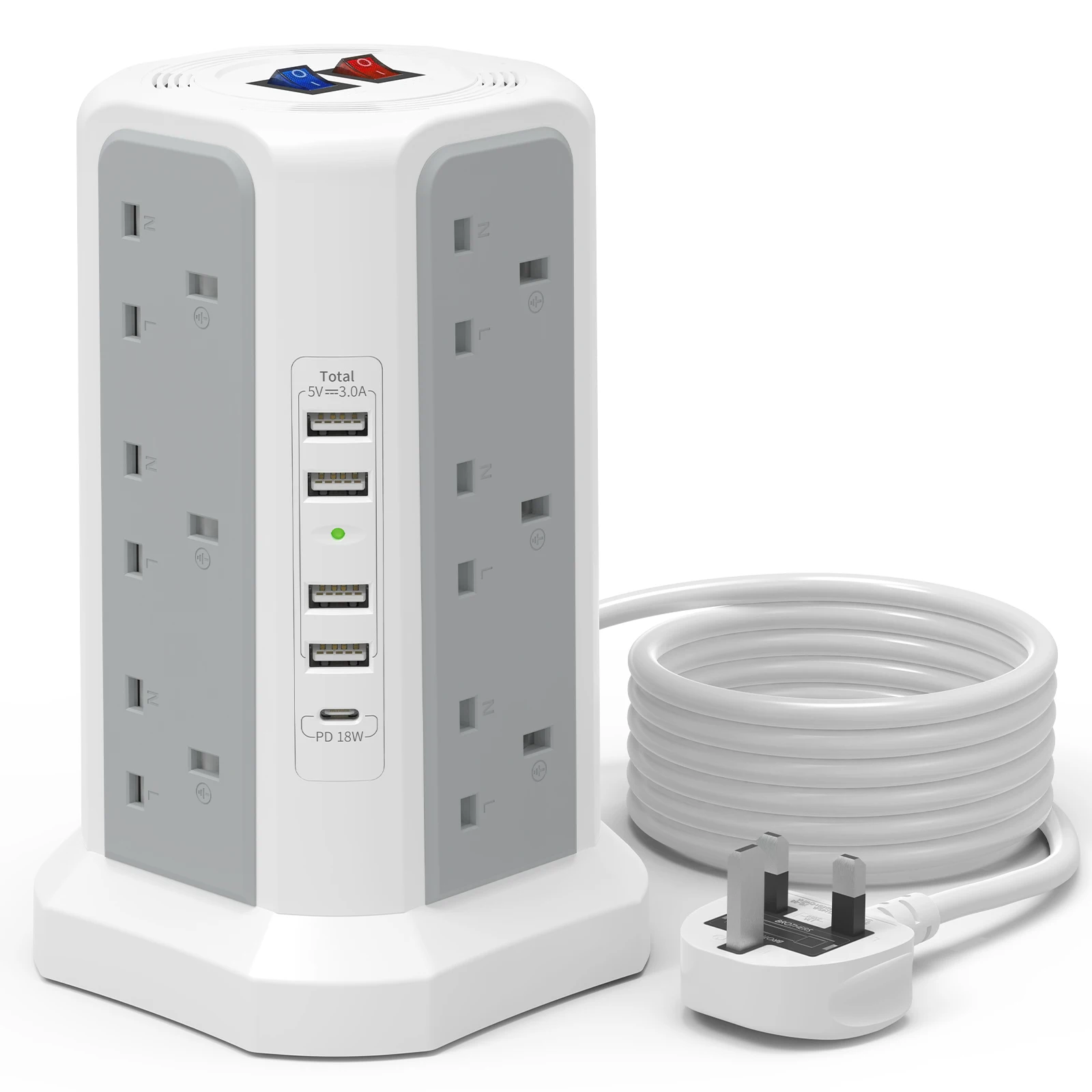 

Tower extension cable with USB slot (1.8M) and 18W USB C Fast charger, (13A 3250W) 5 USB ports and 12AC for home and office