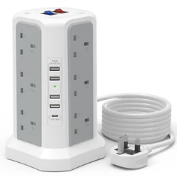 Tower extension cable with USB slot (1.8M) and 18W USB C Fast charger, (13A 3250W) 5 USB ports and 12AC for home and office
