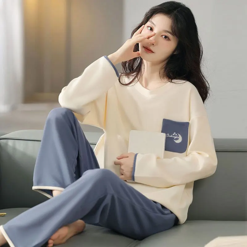 New Women\'s Spring Autumn Pajamas Loungewear Set Ladies Student Long Sleeves Trousers Simple Casual Luxury Loungewear Set