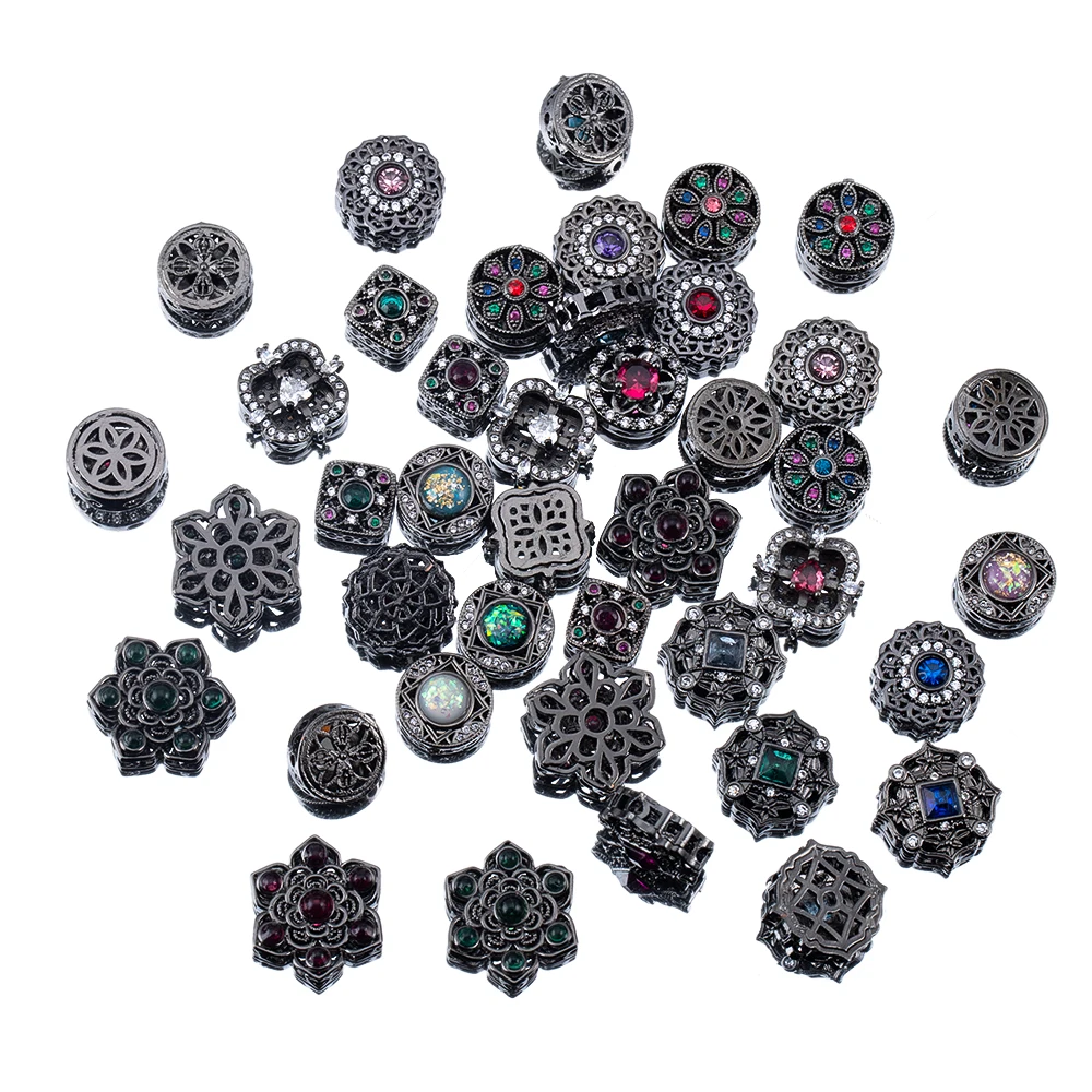 1pc Black Metal Round Spacer Bead Copper Bracelet Square Flower Crystal Beads Necklace Supplies National Jewelry Making Material