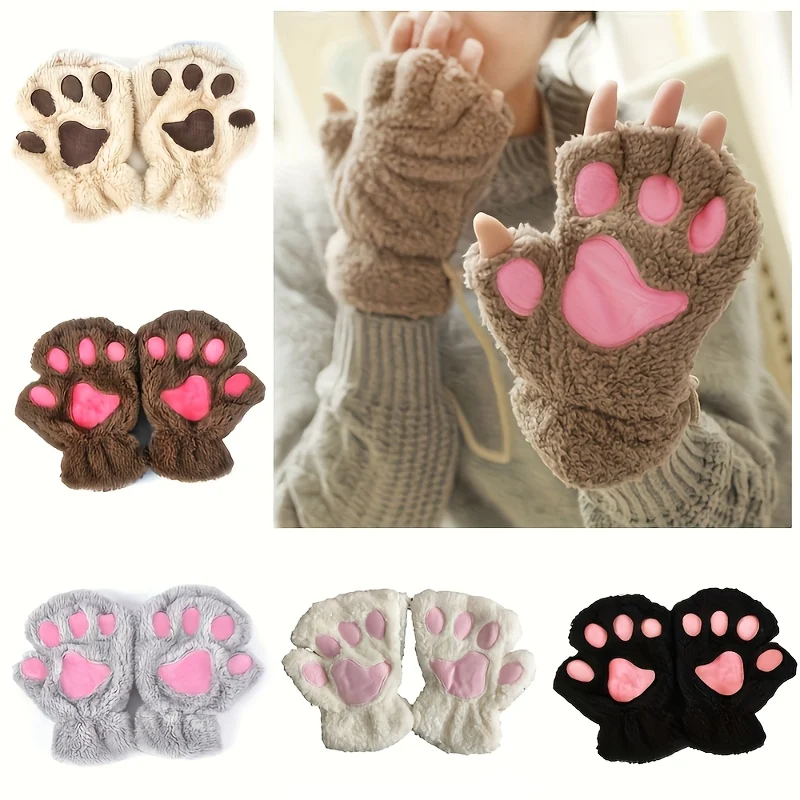 Women's Cat Paw Design Plush Winter Gloves - Half-finger warm gloves suitable for office, cycling, and outdoor activities, with soft elastic cuffs, hand washable, cute gray-pink color, comfortable and warm material, cold weather gear for office workers