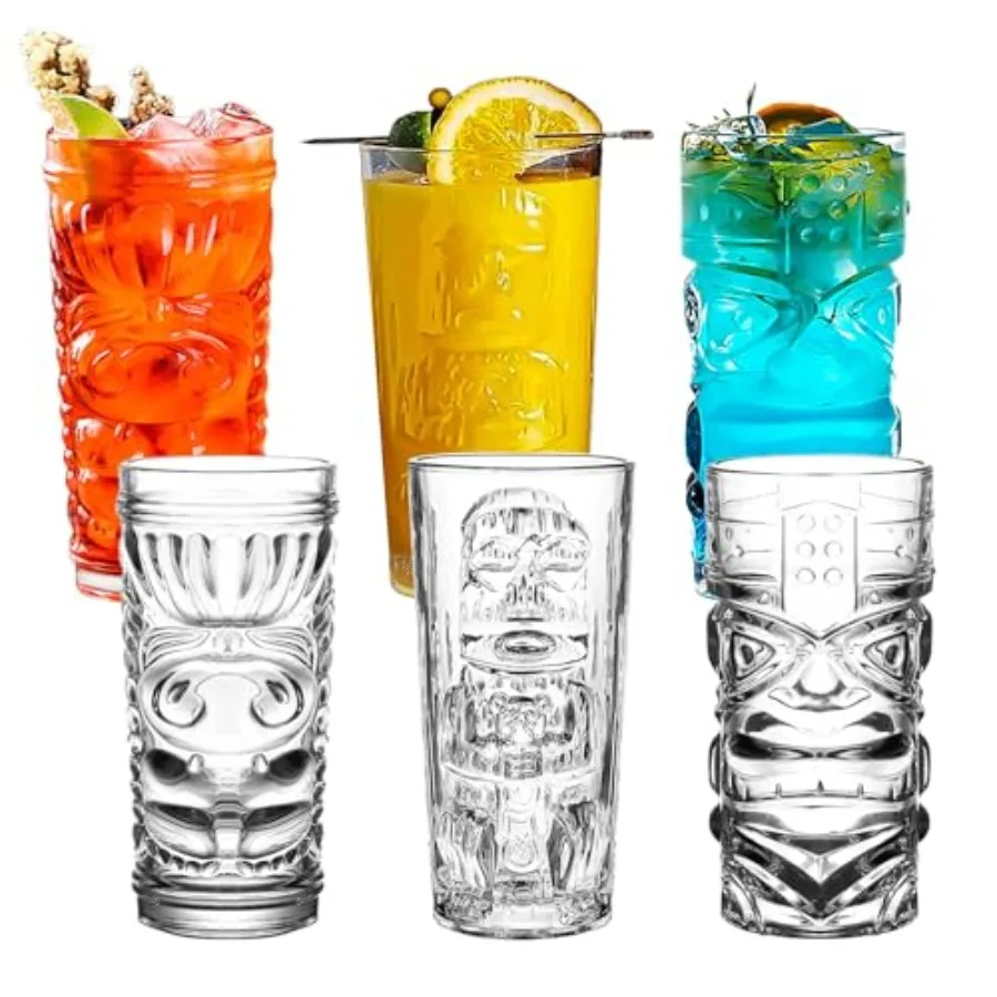 

Набор стаканов Tiki, 6 штук - высокие стаканы для коктейлей объемом 14 унций - современные прозрачные тропические стаканы-тумблеры - набор стаканов для смешанных напитков