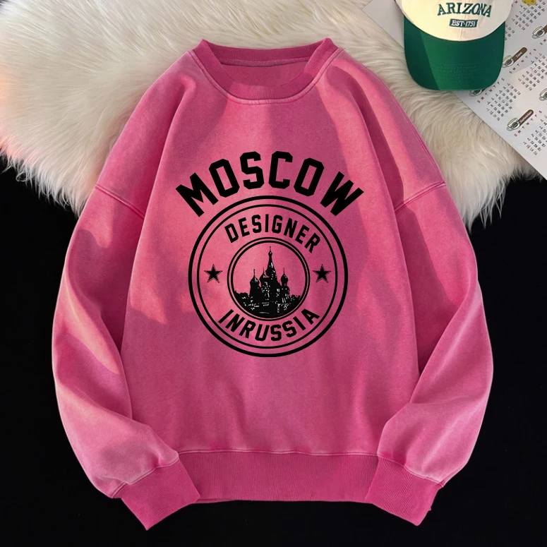 

Street Woman Washed Sweatshirt Moscow Designer Inrussia Printing Pullover Warm Crewneck Oversize Hoodie Autumn Acid Wash Tops