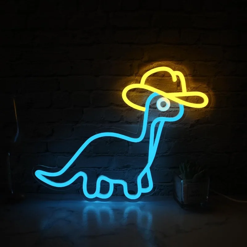 Letrero de neón de dinosaurio vaquero, señal LED de dibujos animados luminosos, azul, amarillo, divertido, dormitorio, sala de estar, regalo de cumpleaños