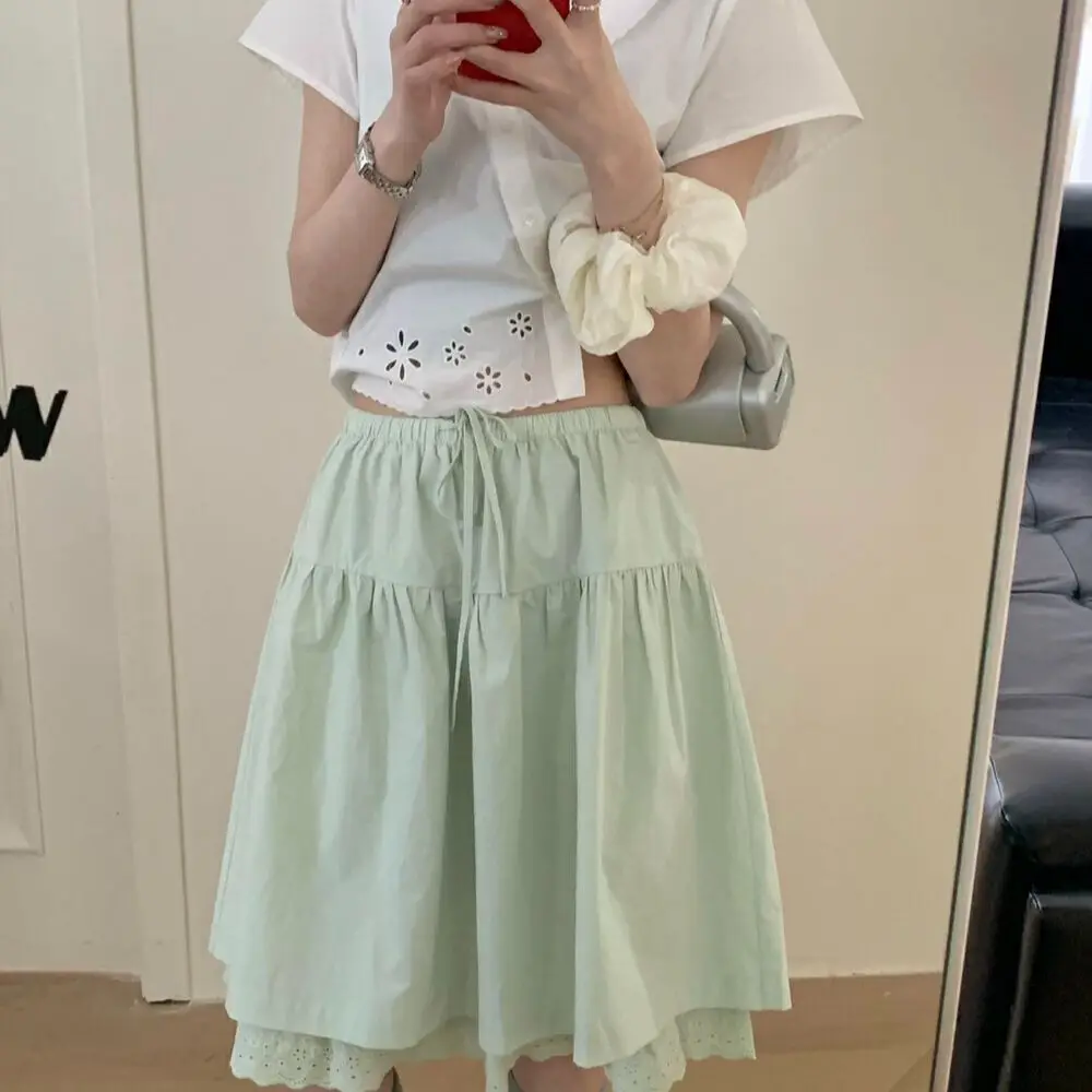 

Korean Floral Midi Skirt 2025 Summer High Waist Design Light Academia Aesthetic Lace Trim Cottagecore Womens Fashion