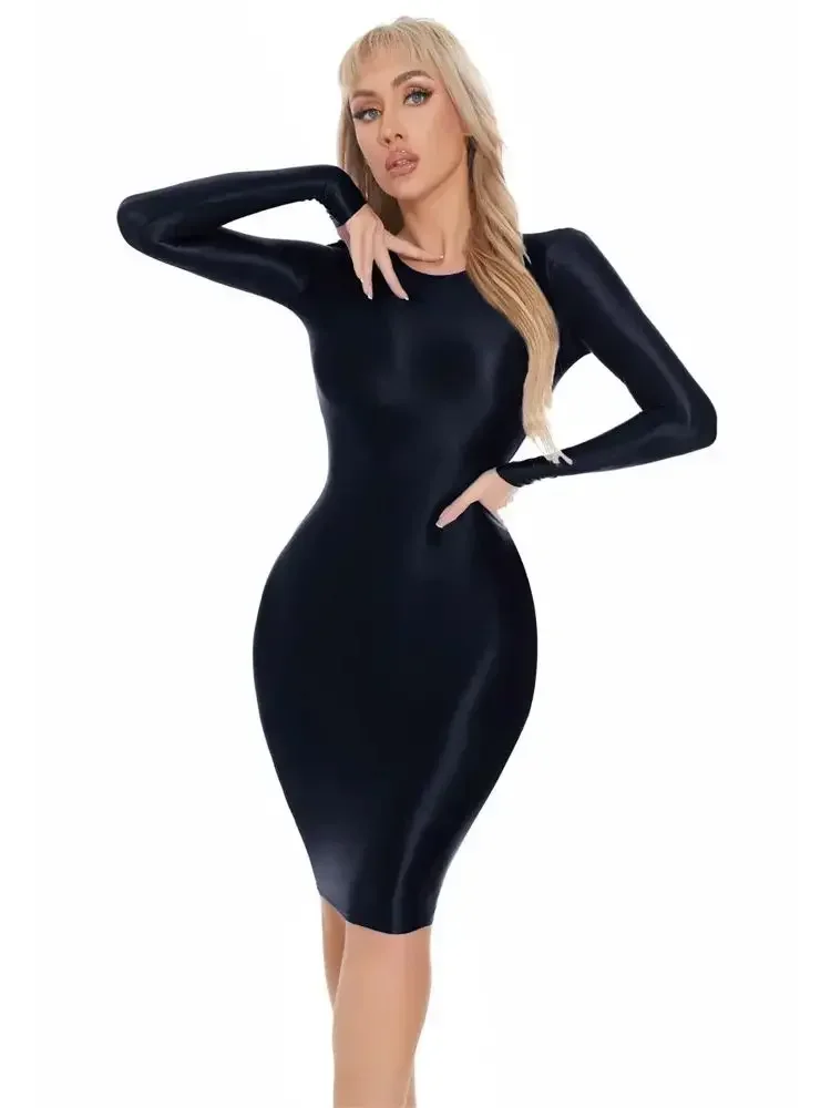 M XL Glossy Shiny Long Sleeve Midi Dress Tights Package Hip Vestido OL Cosplay Dresses Sexy Bodycon Bodystocking Robe Clubwear