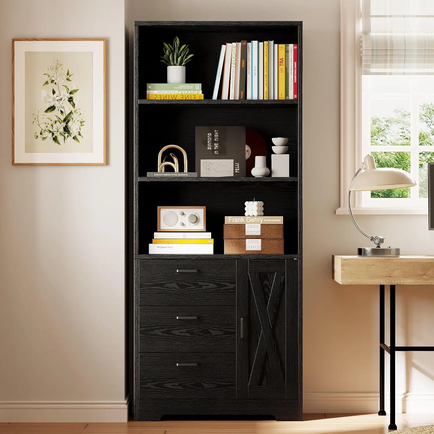 

71in Tall Bookshelf with Door and 3 Drawers, 3-Tier Storage Shelf for Bedroom Living Room Entrance Hallway Home Office