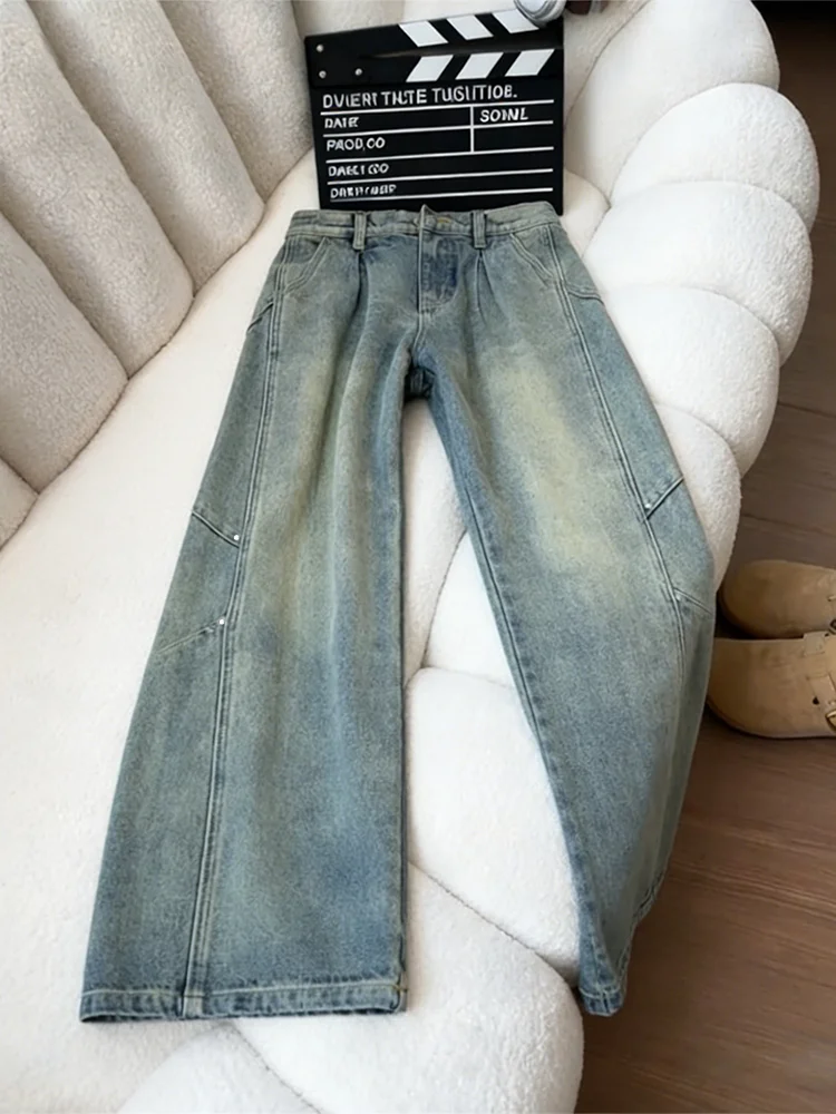 

Синие джинсы в стиле ретро, мужские узкие прямые джинсовые брюки с высокой талией и заклепками, расклешенные брюки в американском стиле High Street Vibe...