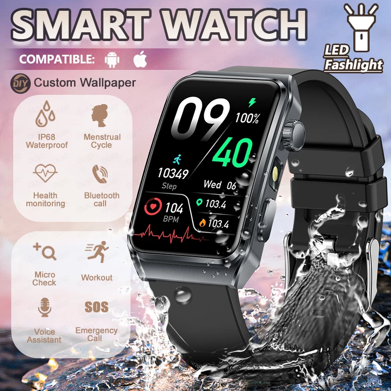 

New Health Monitoring Smart Watch Voice Assistant Flashlight IP68 Waterproof Heart Rate Women Health Bluetooth Call Smart Watch