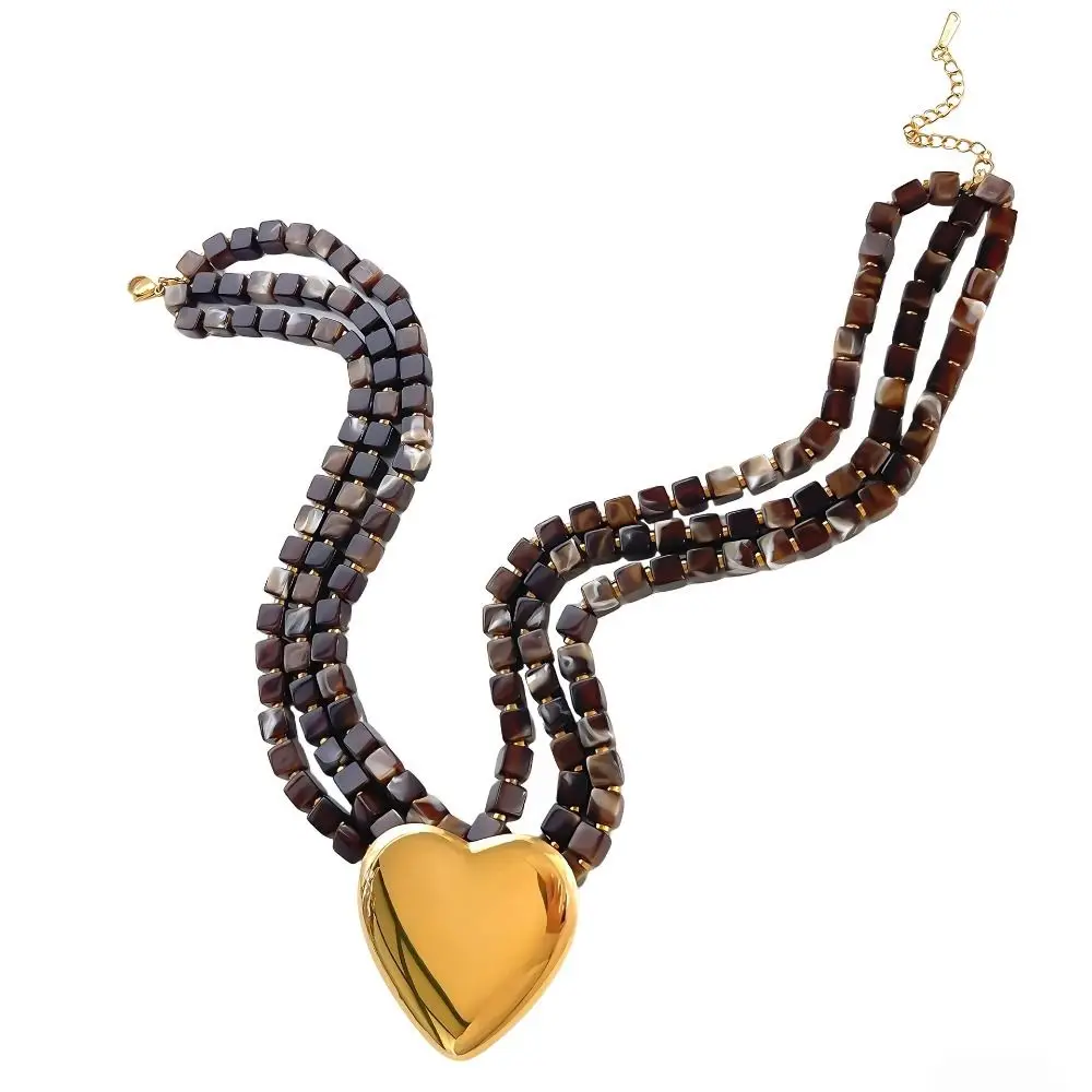 

Metal Heart Pendant Resin Beaded Necklace Three-layer Personality Women's Necklace Retro Stainless Steel Pendant