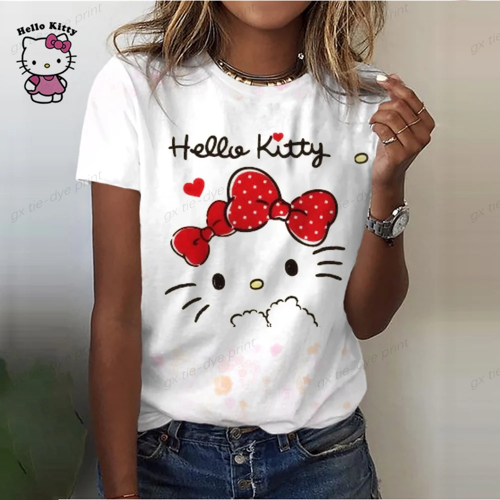 Cartoon Hello Kitty Graphic Print Ladies spring and autumn T-Shirt 90S Summer Loose Blouses Short Sleeve Round Neck Female Top