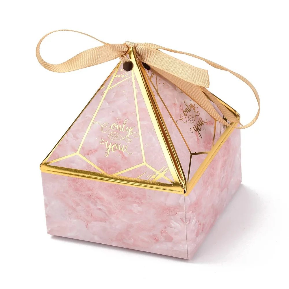 

50 Sets Paper Fold Gift Boxes Triangular Pyramid Favor Gifts Boxes for Presents Candies Cookies Wrapping Pouches with Ribbon