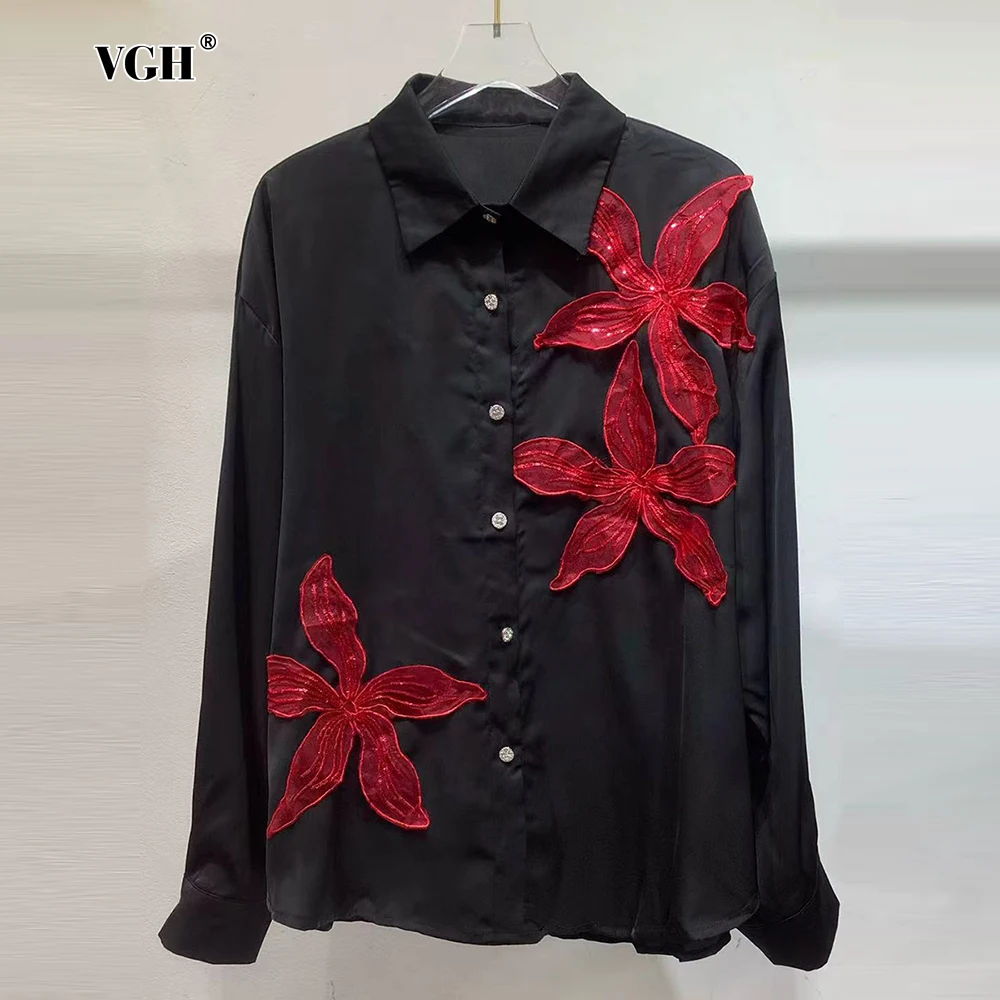 

VGH Spliced Appliques with Sequins Shirts for Women Lapel Long Sleeve Patchwork Single Breasted Temperament Chic Blouse Female