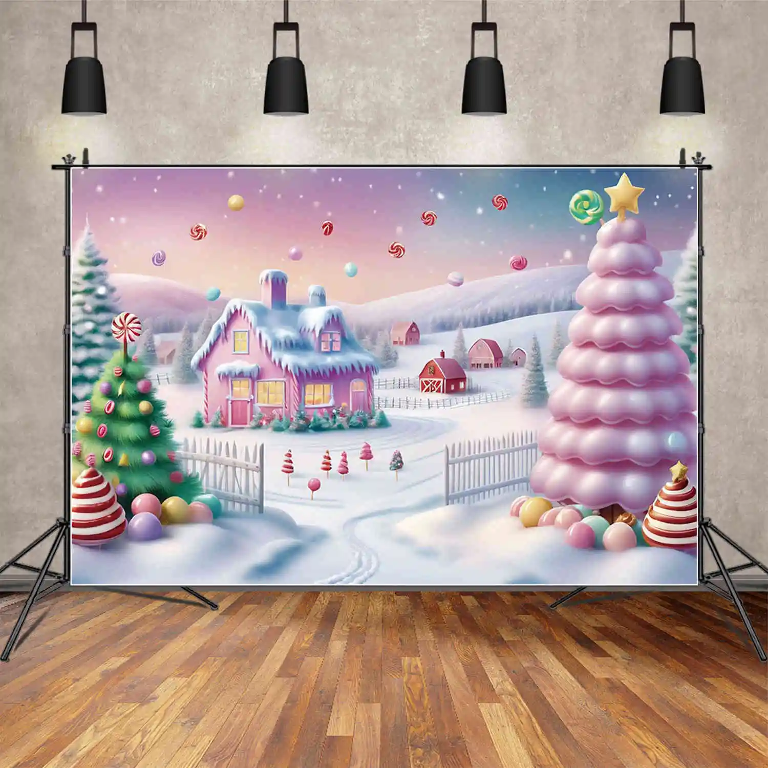 MOON.QG 2025 Christmas Village Home Decoration Photography Backdrop Winter Farm Large Big Tree Studio Background Xmas Back Drop