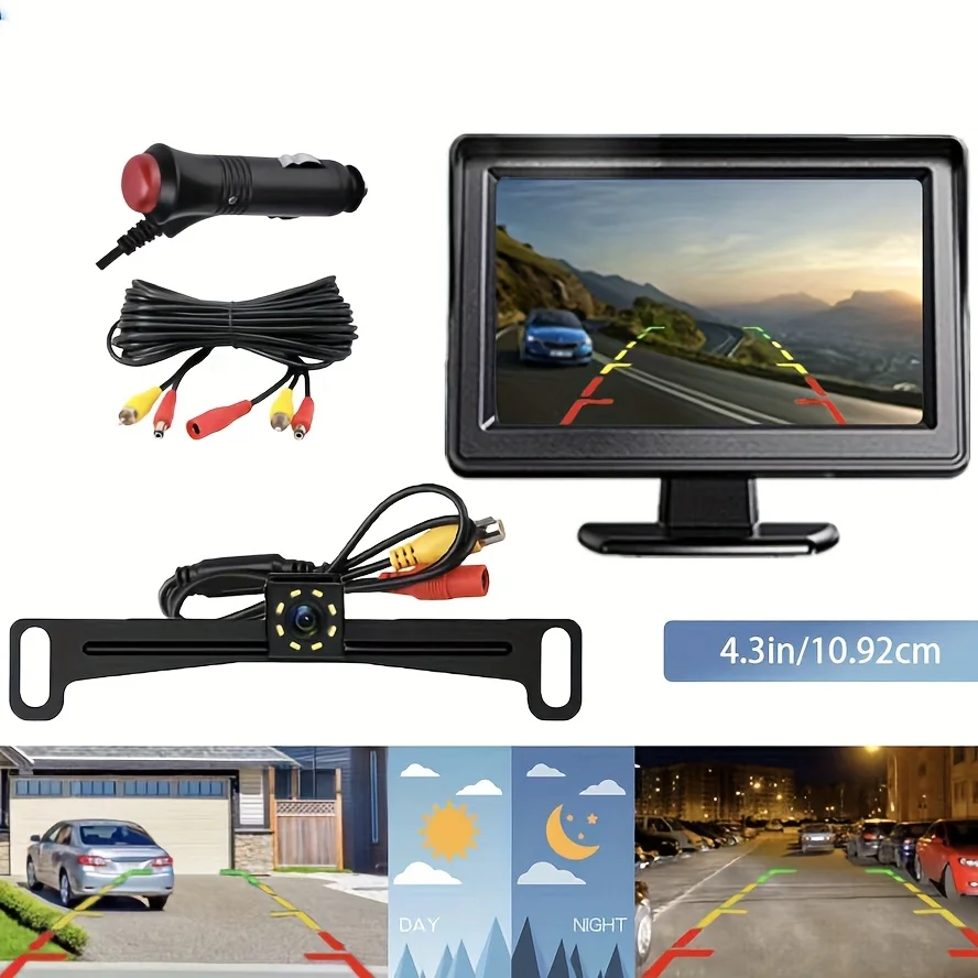 4.3-Inch Universal Monitor and Backup Camera Kit, with Eight LED Lights and Night Vision for Pickup Trucks, Cars, SUVs, and RVs