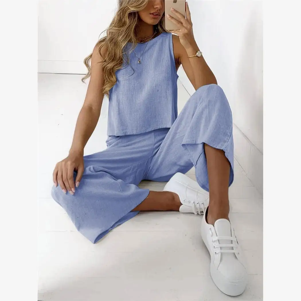 

Women's Summer Cotton Linen Casual Fashion Sleeveless Top Wide Leg Pants Two Piece Set Comfortable Breathable Stylish Ensemble
