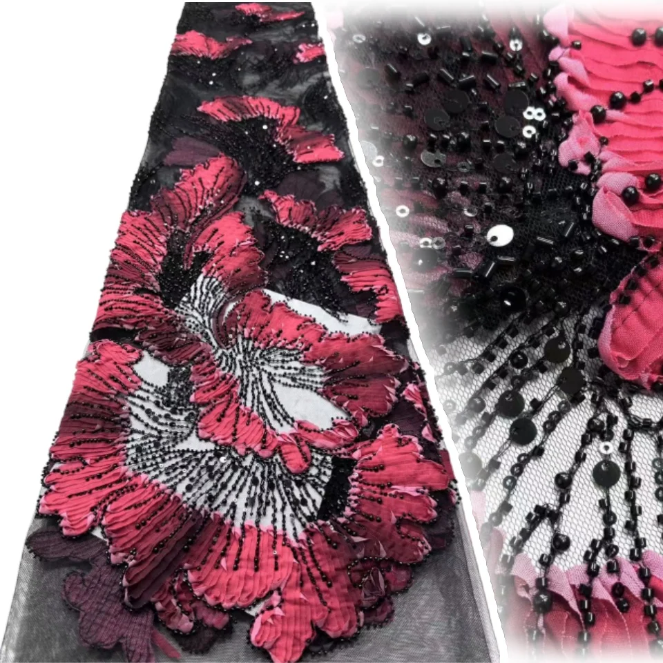 

2025 Luxury French Sequins Pink Lace 3D Flower Mesh Beads Fabrics Embroidered Sequins Nigerian Wedding Dress 5 Yards TP1327