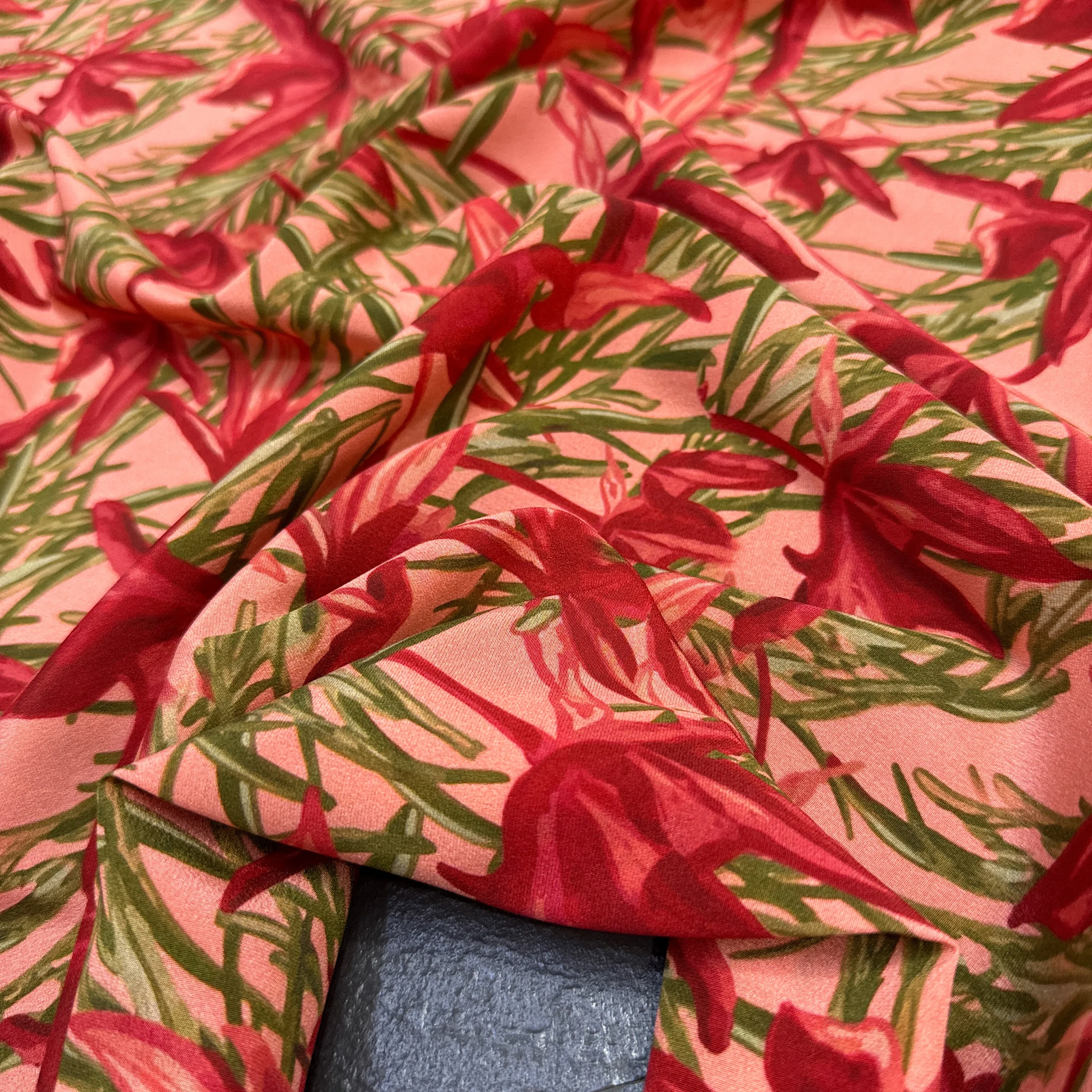 Dark Red Floral Printed Stretch Silk Crepe de Chine Fabric for DIY Sewing Summer Comfortable Dress Pajamas Silk Fabric FR7025