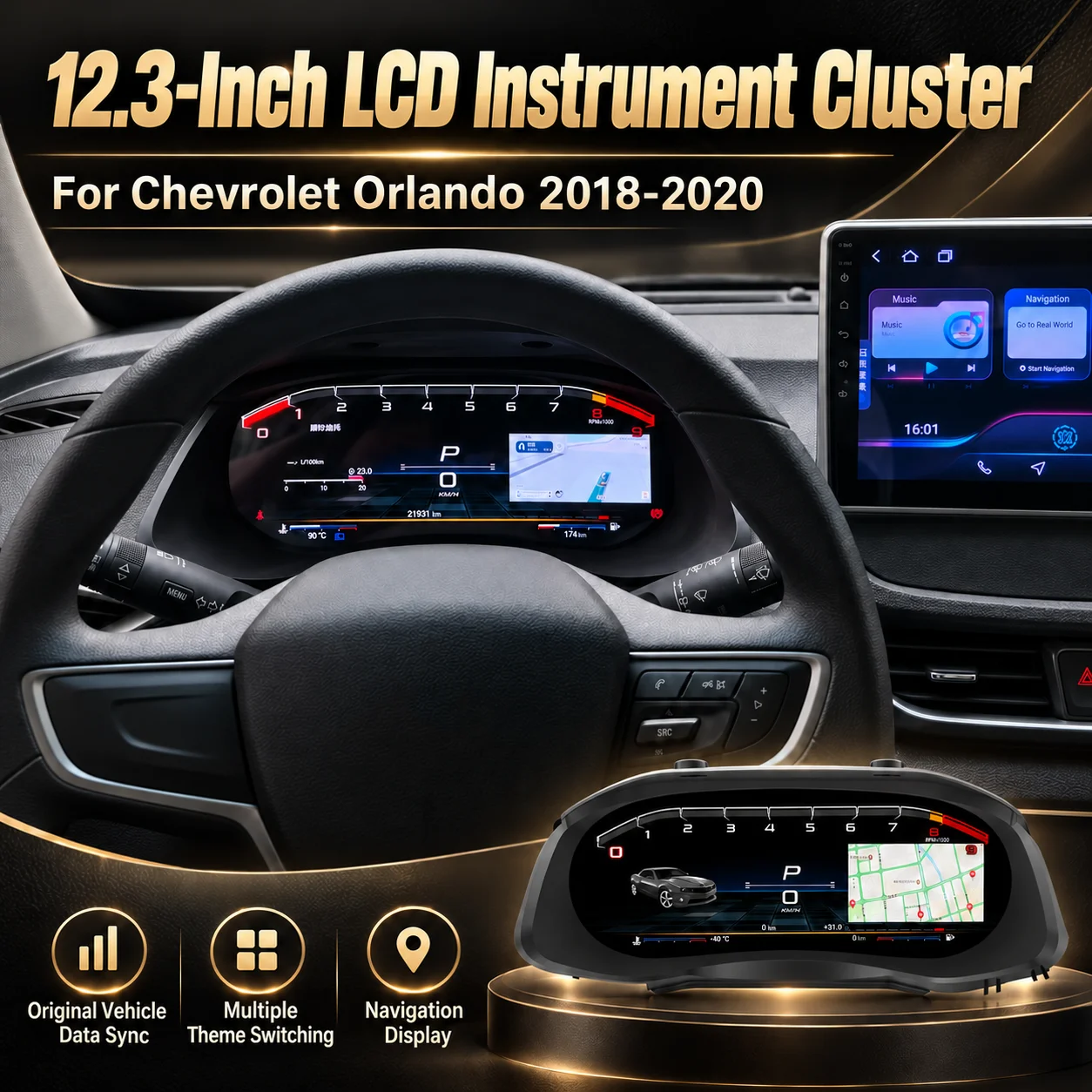 GAUGEWAY 12.3 Inch QLED Digital Instrument Cluster for Chevrolet Orlando 2018-2020, Plug & Play, Support Carplay, Car intelligen