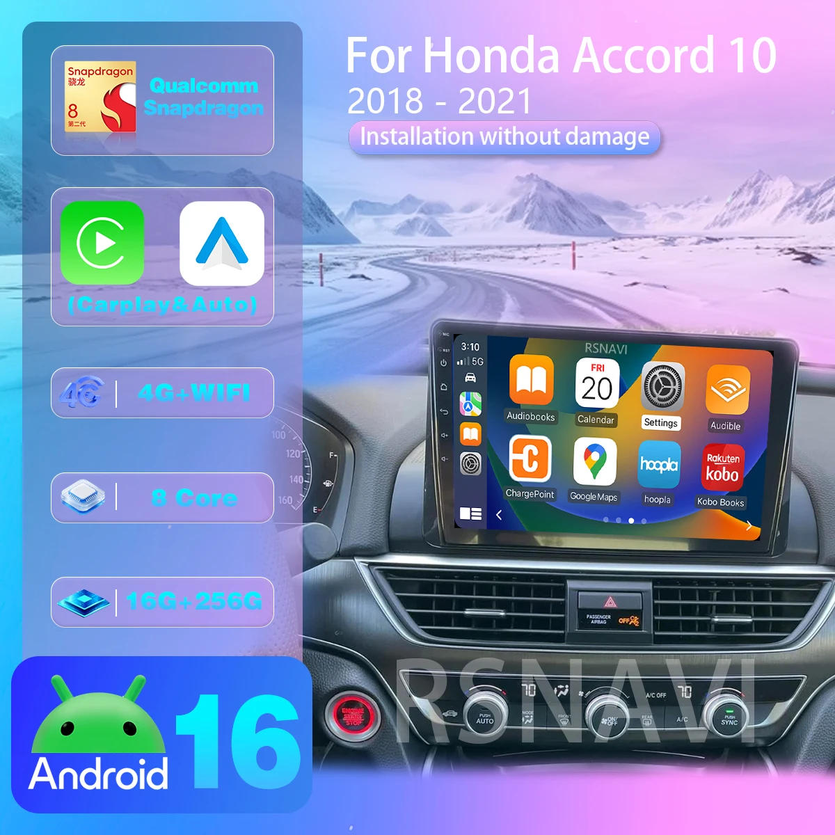 RSNAVI Android 16 para Honda Accord 10 CV X 2017 - 2021, Reproductor Multimedia para Auto con Carplay, Radio para Auto, Pantalla QLED 2K, Unidad Principal 2din