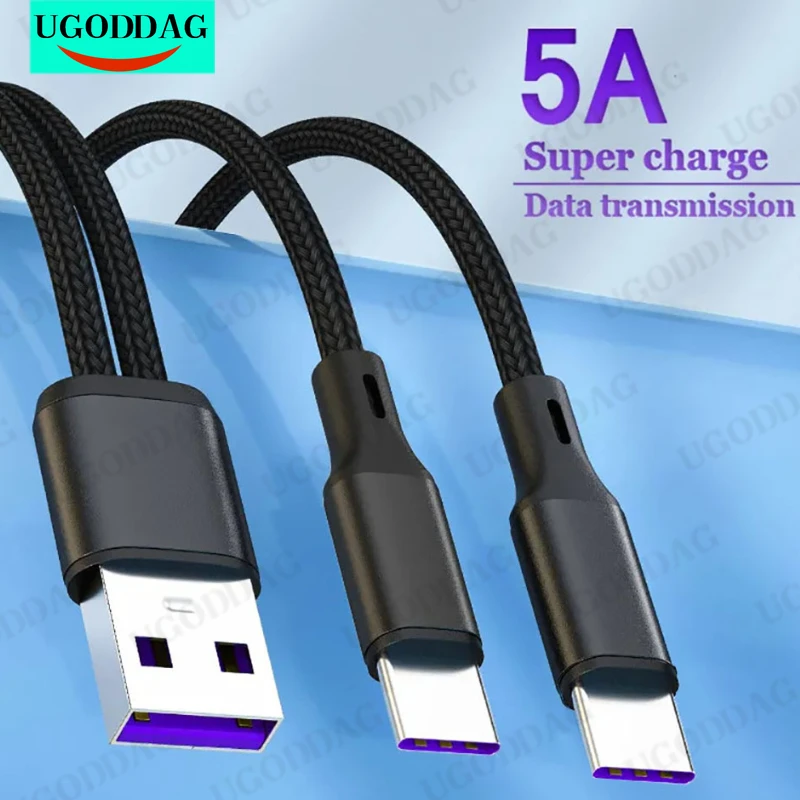 2-in-1 Data Cable Type C Phone Charger Fast Charging Cable Y Splitter 5A Fast Charging Cable for Samsung Huawei Wire Cords