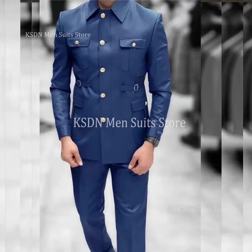 

Tailor-made Men Suit Solid Color Single Breasted Stand-Up Collar Regular Length Elegant Blazer Safari Style 2 Piece Jacket Pants