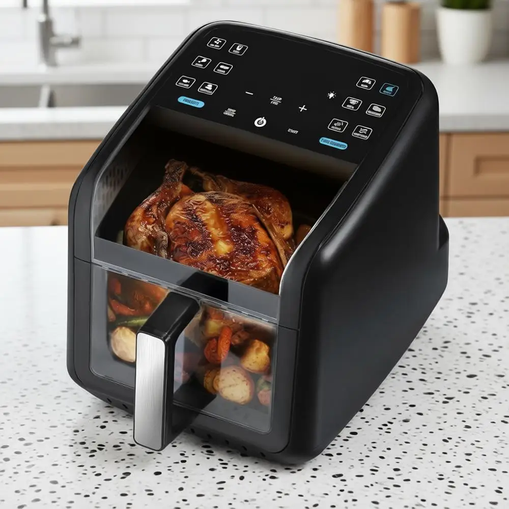 

Аэрофритюрница 7 QT – панорамное окно и внутреннее освещение, инструкция по приготовлению с 12 предустановленными программами, 360° обзор, подходит для мытья в посудомоечной машине