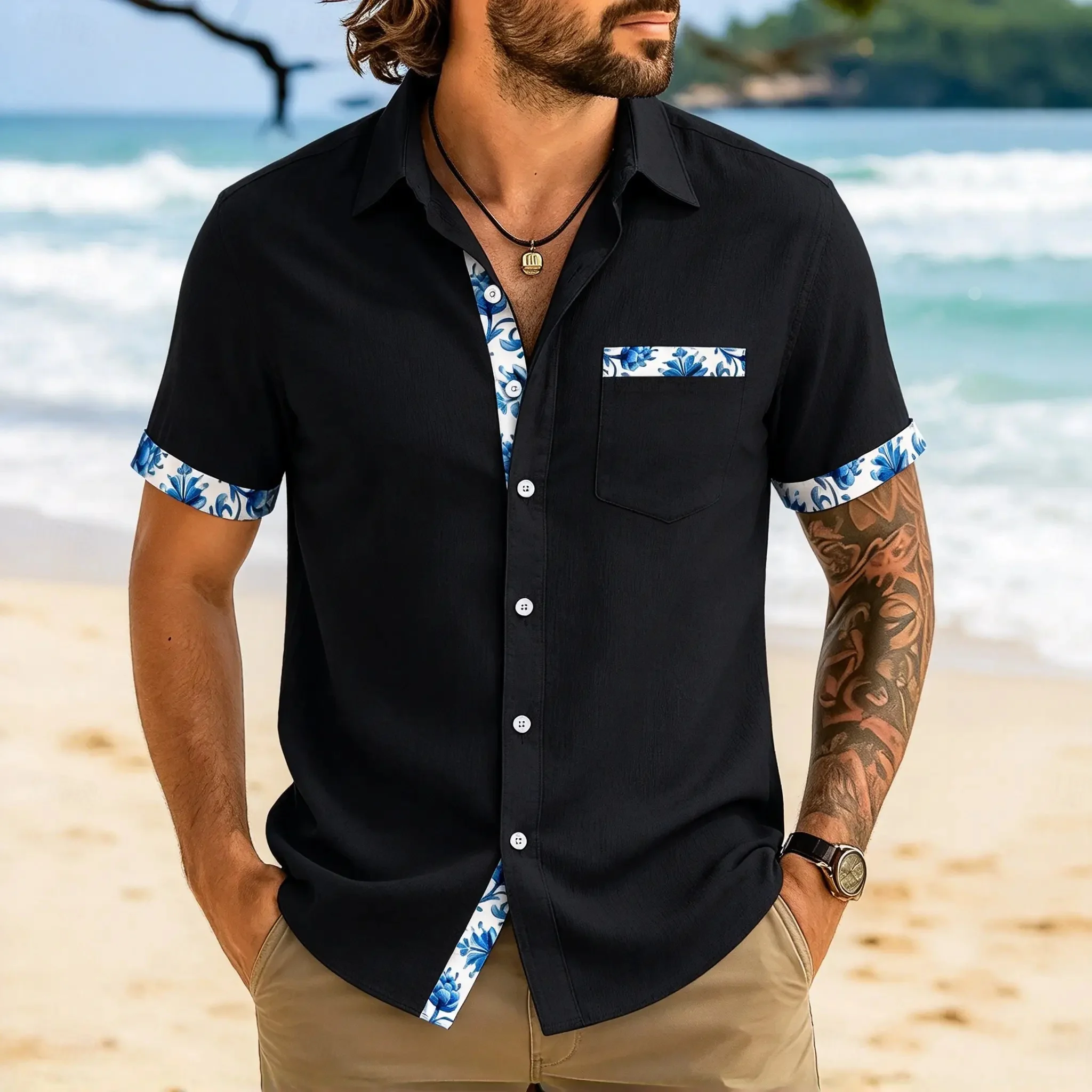 Men's Short Sleeve Lapel Shirt, Blue Floral Splicing Print Linen Shirt, Beach Vacation Casual Top
