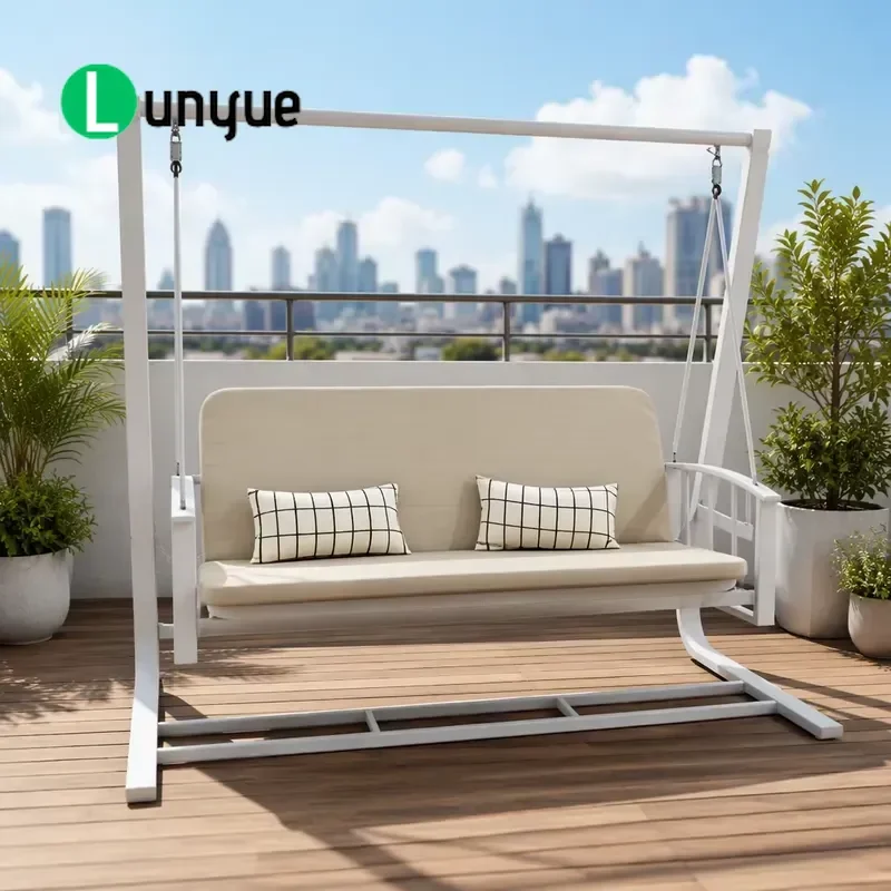 Modern Aluminum Outdoor Garden Swing Chair 2 Seats Rattan Bench with Canopy Weatherproof Cushion for Backyard Patio