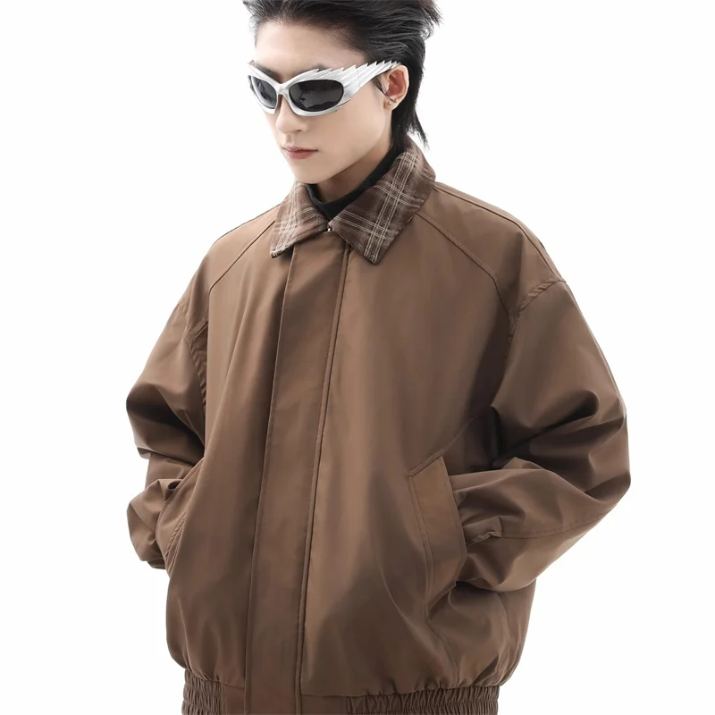 

2025 New Plaid Lapel Fake Two-piece Zipper Jacket Men's High Street Fashion Outerwear Coats American Retro Y2K jaqueta masculina