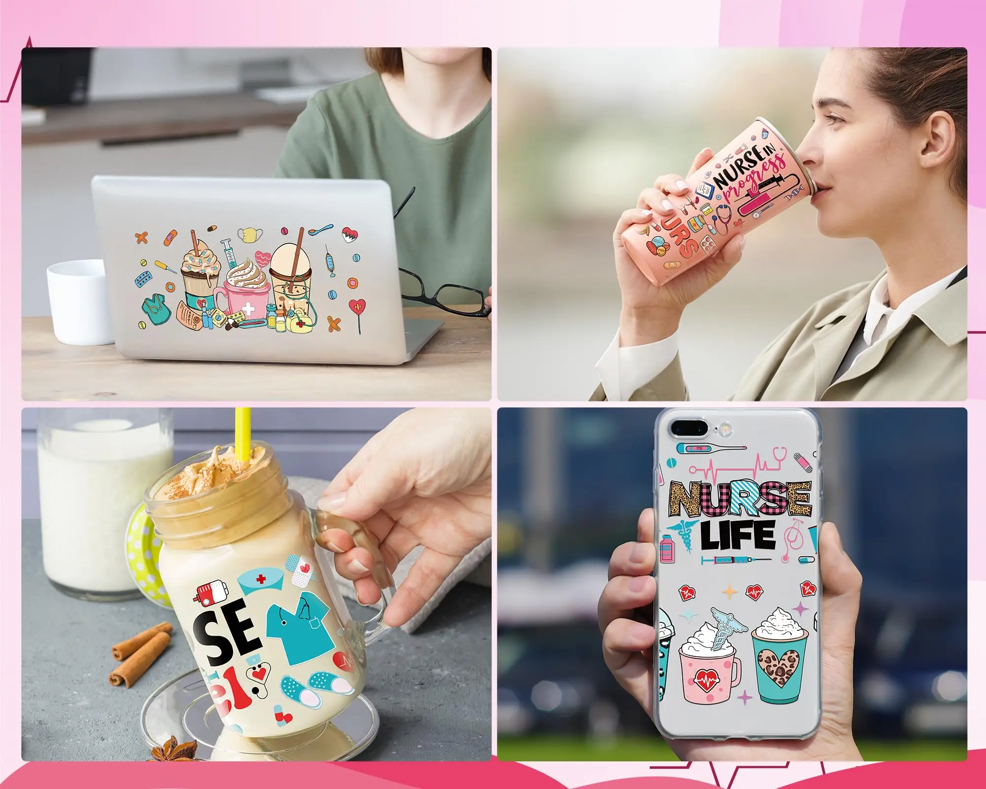 Bundle 10pcs Nurse's Day Themed UV DTF Cups Wraps Libbey 16oz Cup Transfer Waterproof Teacher Quotes Words Style 3D Stickers