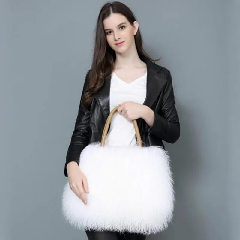 2025 Real Mongolian white Fur Bags Australian Beach Wool Fur Shoulder Bag Ladies Tibet Lamb Fur Wrist Bag Large Capacity