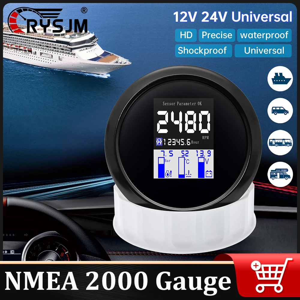 

85mm NMEA 2000 Multifunction Gauge Engine Speed Voltage Temperature Oil Pressure Total Engine Hours 12V24V Digital Car Gauge