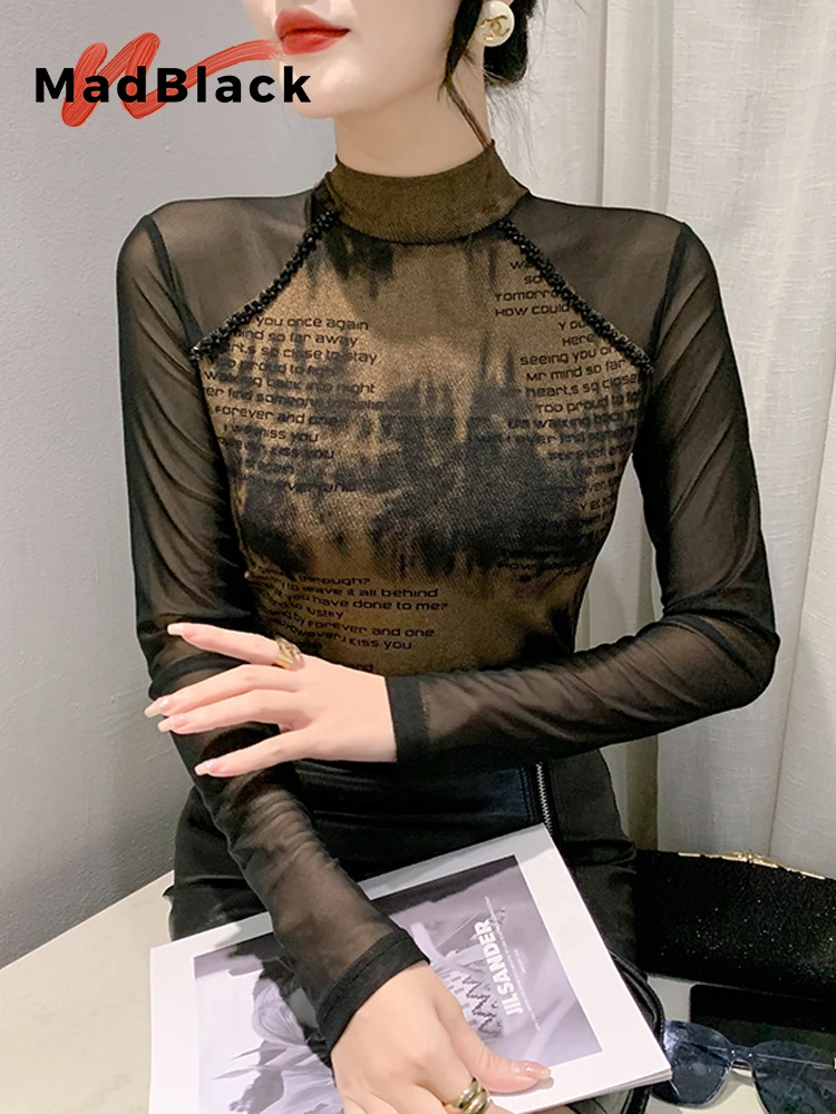 

MadBlack European Clothes Tshirt Women Sexy Mock Neck Print Beaded Slim Mesh Top Long Sleeve Tees Autumn Spring T39786JC