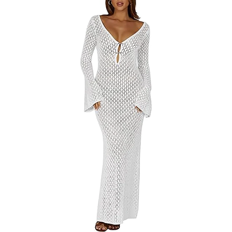 

Sexy Womens V Neck Crochet Maxi Dresses Bell Sleeve Bodycon Long Dress Boho Hollow Out Summer Beach Vacation Cover-up