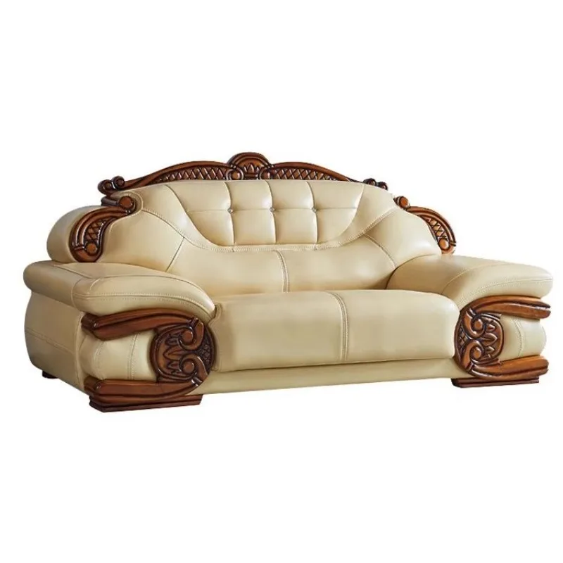 FY Europäisches Ledersofa-Kombinationsmöbelstück in Beige, Dreisitzer, Massivholz mit geschnitzten Blumen, mittelalterliches Ledersofa, individuell anpassbar.