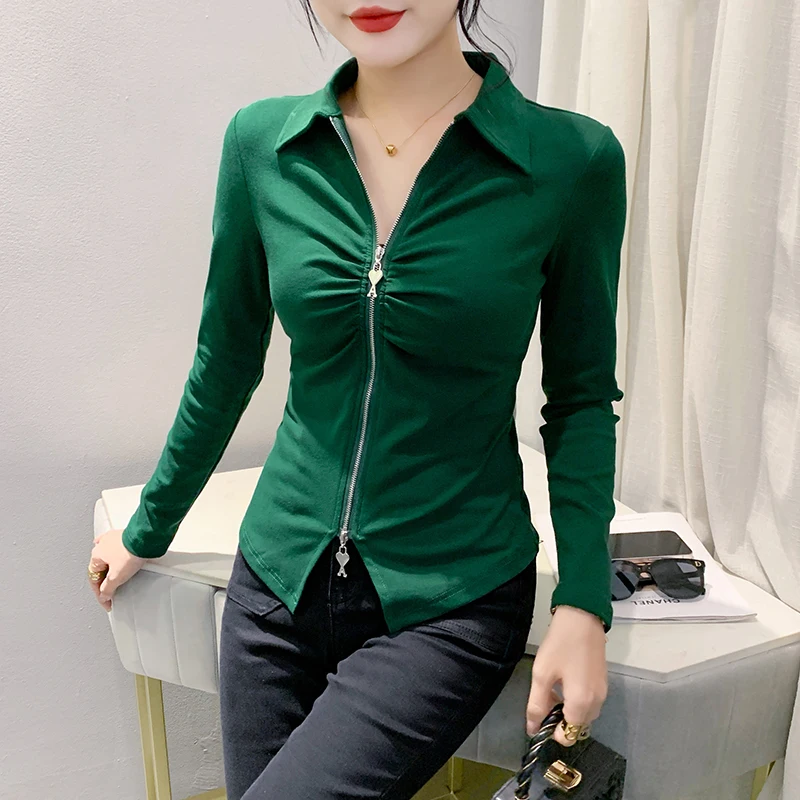 2023 New Fall Winter European Clothes T-Shirt Fashion Sexy Turn-down Collar Zipper Women Tops Long Sleeve All Match Tees 39098