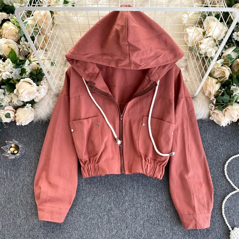 Fashionable Short Hooded Zippered Jacket for Women 2022 Korean Vintage Casual Cardigan Jacket for Women Autumn Clothes