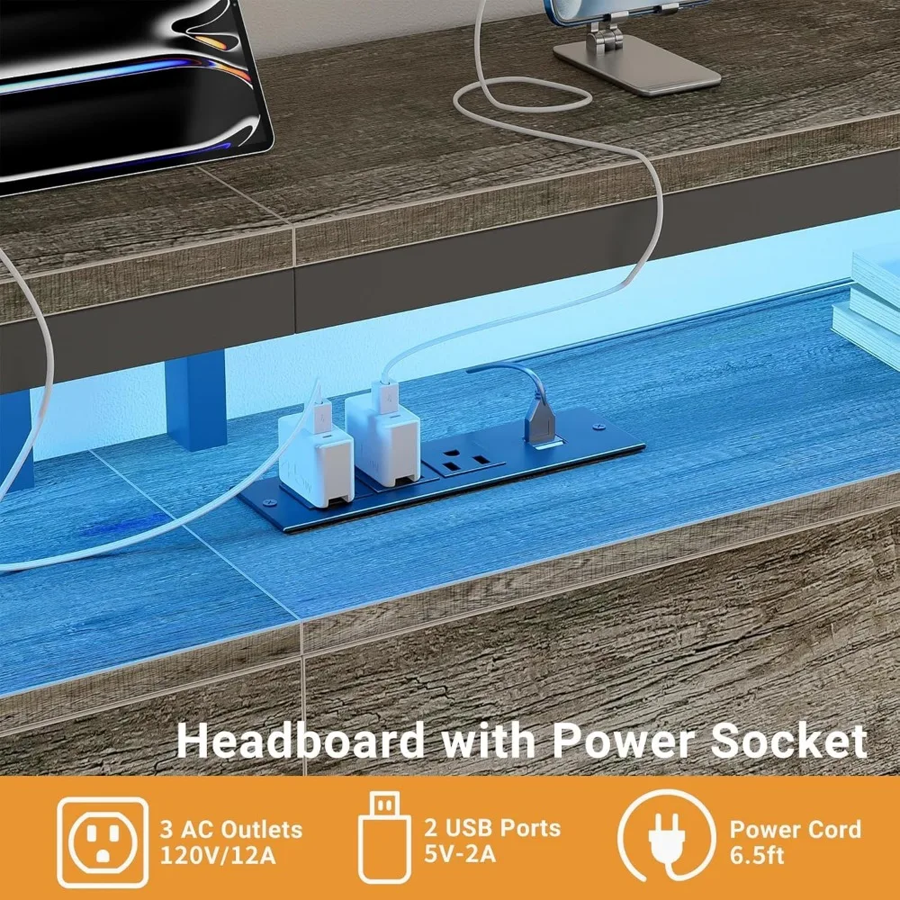 لوح رأسي للتخزين بحجم كينج مع منافذ وإضاءة LED RGB، لوح رأسي سرير متين ومستقر لأسرّة كينج، وظيفة محسنة #5