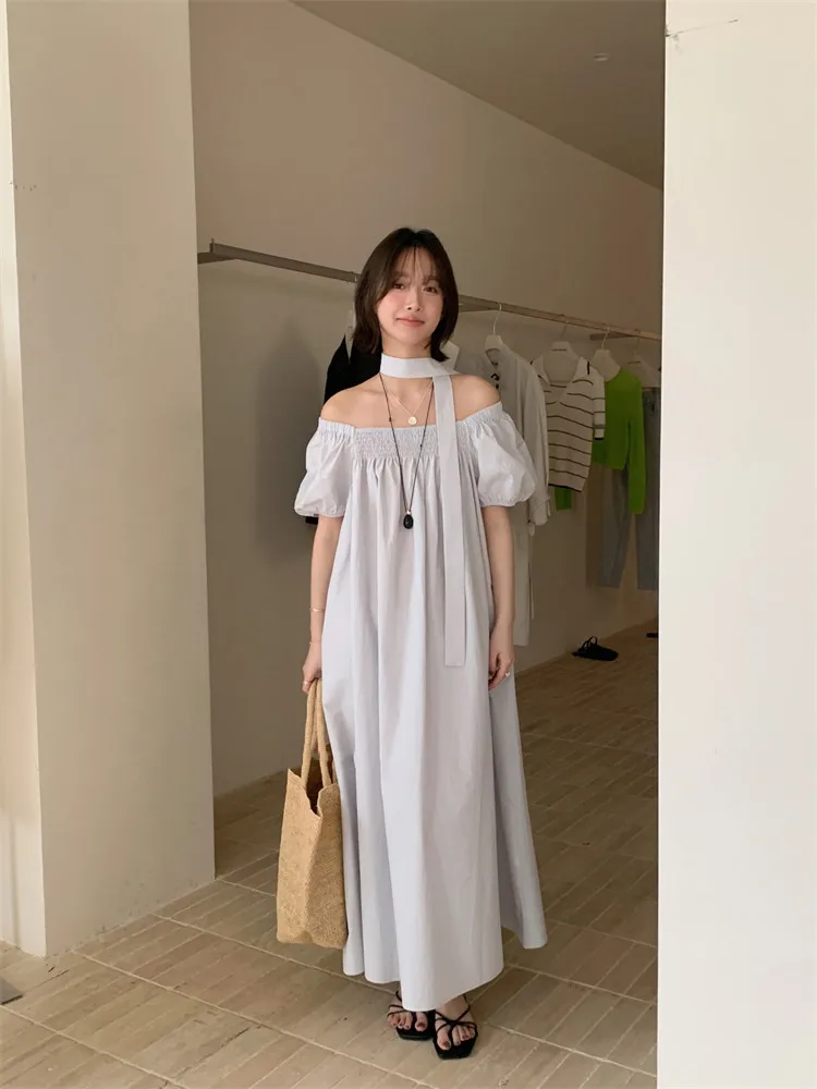 Púrpura amarillo azul marino estilo Simple moda vacaciones vestido largo suelto vacaciones de verano cuello barco elegante manga corta Puff vestido Casual