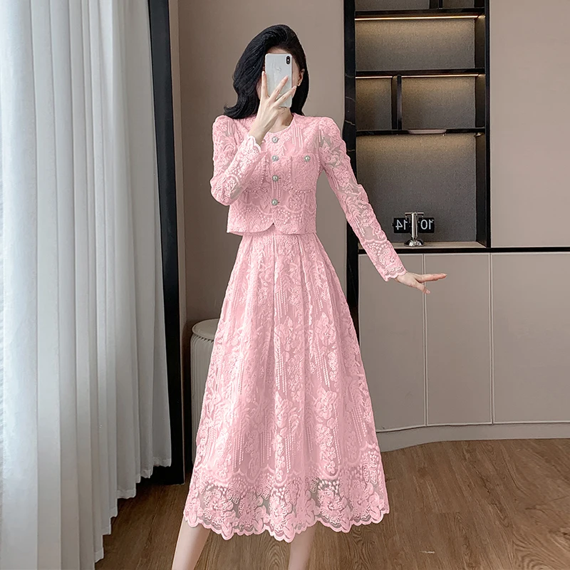 New Luxury High Quality Women\'s Two Pieces Set Fashion Lace Embroidery Beading Long Sleeve Shirt Top + A-line Skirt Women\'s Suit