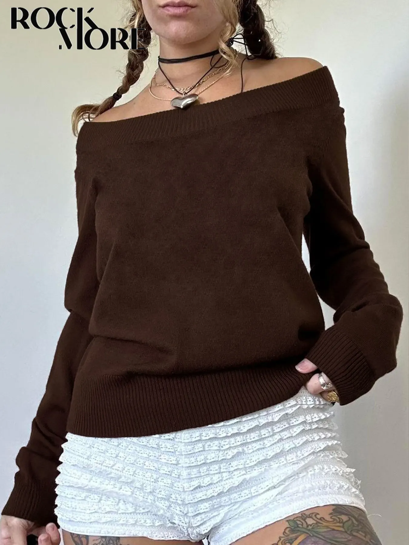 Rockmore Brown Off Shoudler Knitte Sweater Vintage Casual Long Sleeve Tops Streetwear Women Pullover Y2k Jersey Autumn Clothes