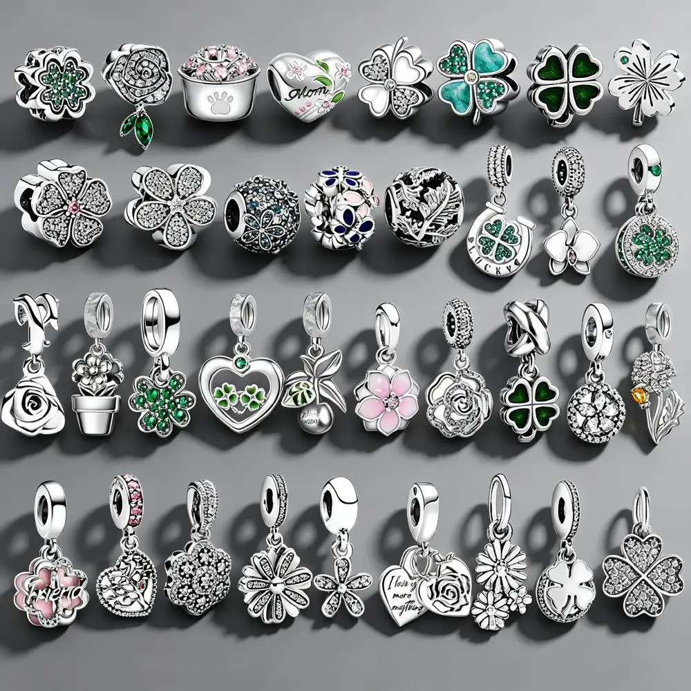 

NEW 925 Silver Four Leaf Clover Flower Charms for Bracelet DIY Jewelry Making Rose Daisy Heart Green Enamel CZ Beads Women Gift
