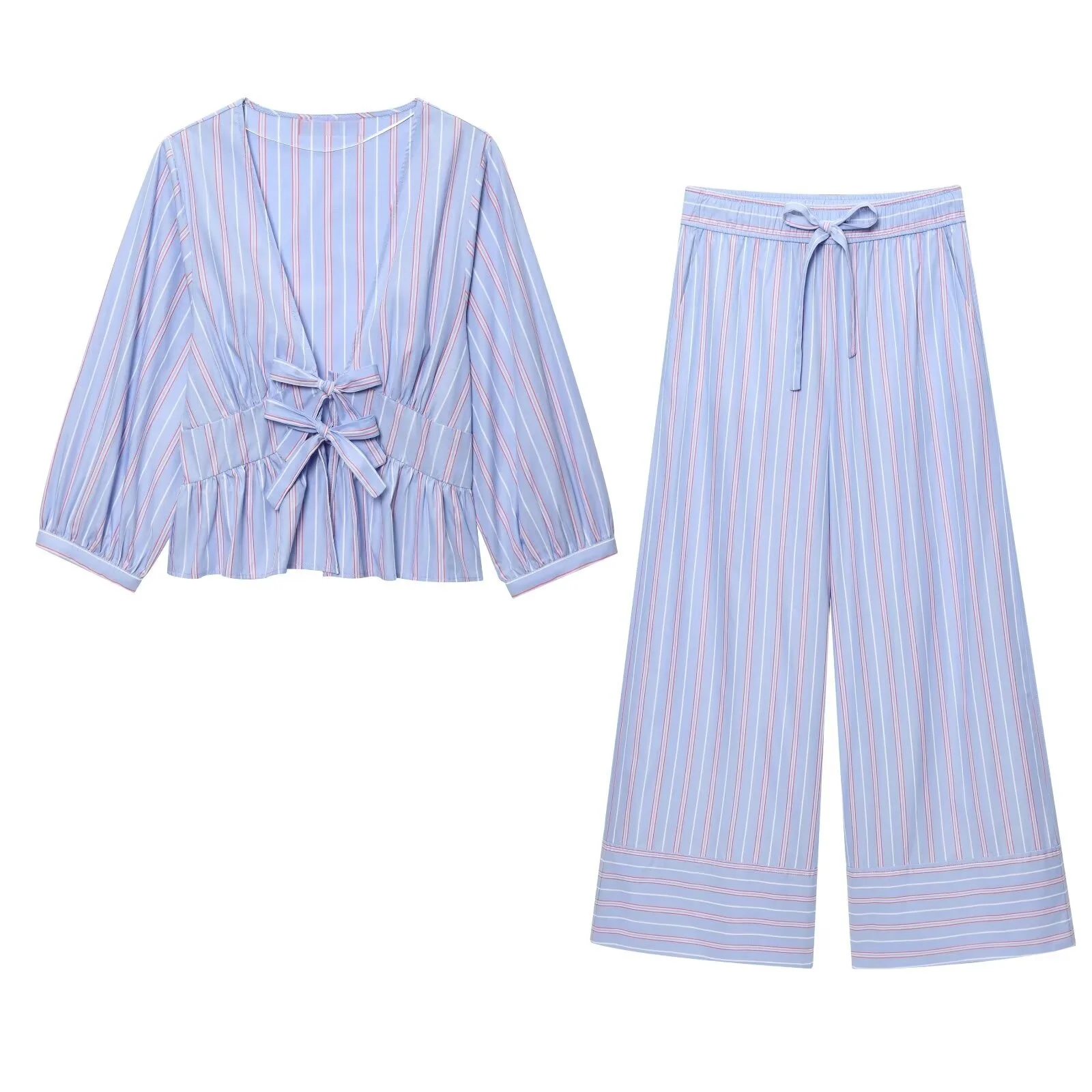 

MYST&ZA2025 new summer women's clothing pure cotton bow-decorated striped V-neck short shirt with drawstring wide-leg trousers