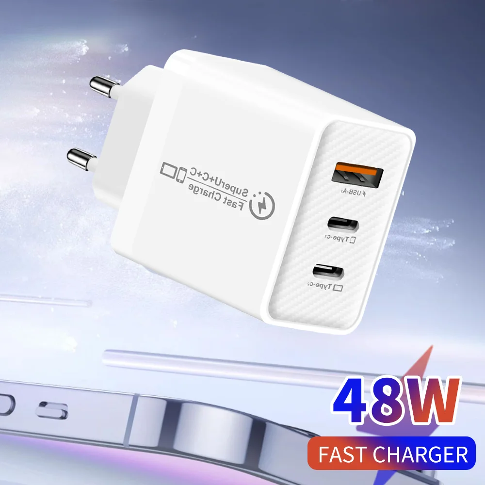 3 In 1 Multi Ports 48W USB Type C Phone Charger Mobile Phone Adapter For iPhone Xiaomi Huawei Samsung Fast Charging Wall Charger