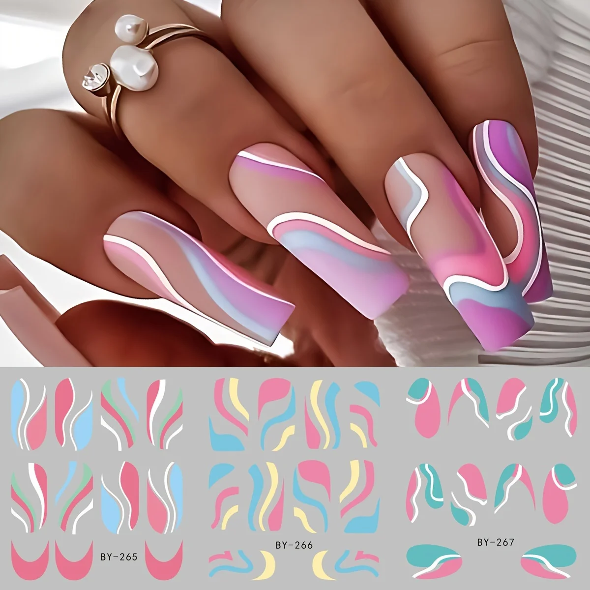 12 Design Rainbow Colorful Swirl Line Nail Sticker Water Decal Wave Graffiti Stripe French Nail Watermark Decals Nail Art Decor