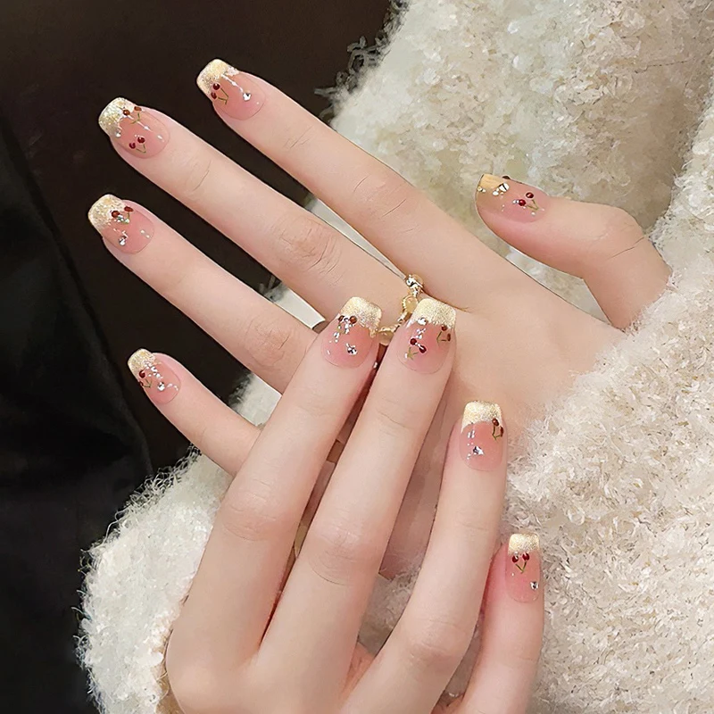 10Pcs French Cat Eye Square Handmade Press on Nail Fake Nails with Cherry Pattern Handmade Wearable False Nail Uñas Postizas 네일팁